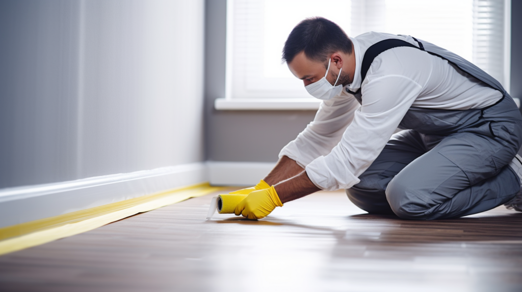 a photo of a professional decorator applying painter’s tape around baseboards of Laminate Flooring