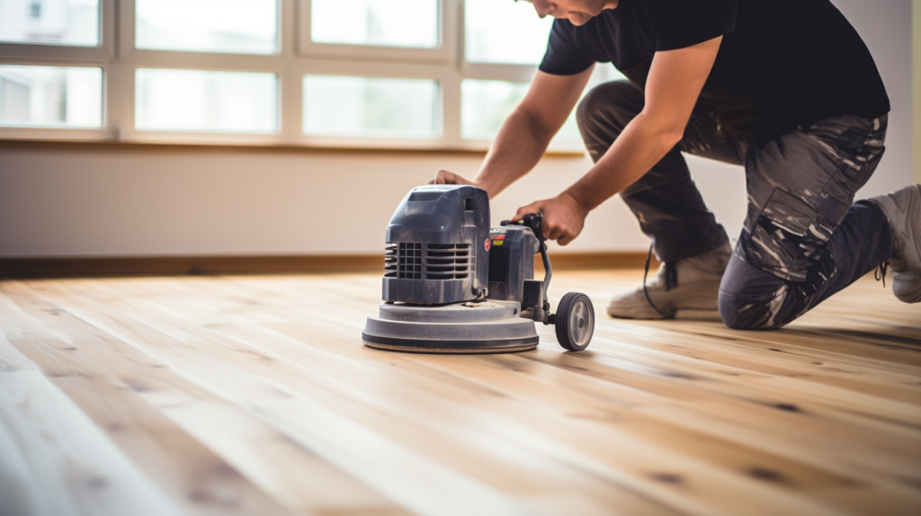 a photo of a professional decorator sanding Laminate Flooring